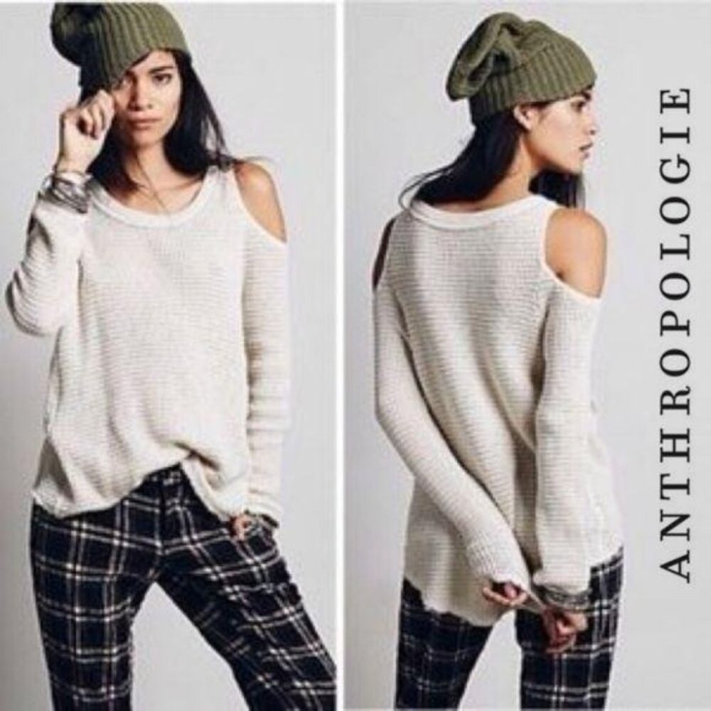 Anthropologie Ruby Moon Beige Cold-Shoulder Knit Sweater Asymmetrical Hem Small